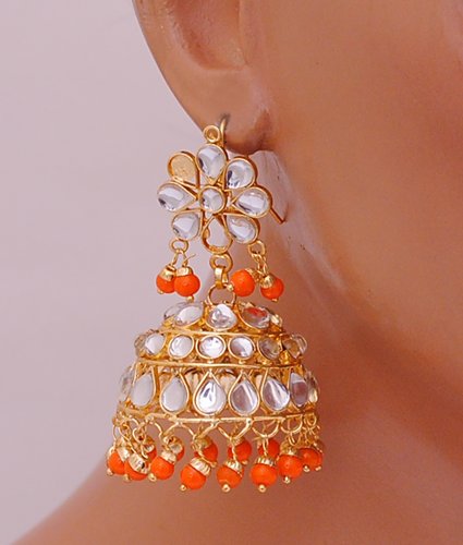 Goldpolish orange and white kundan earring-2629