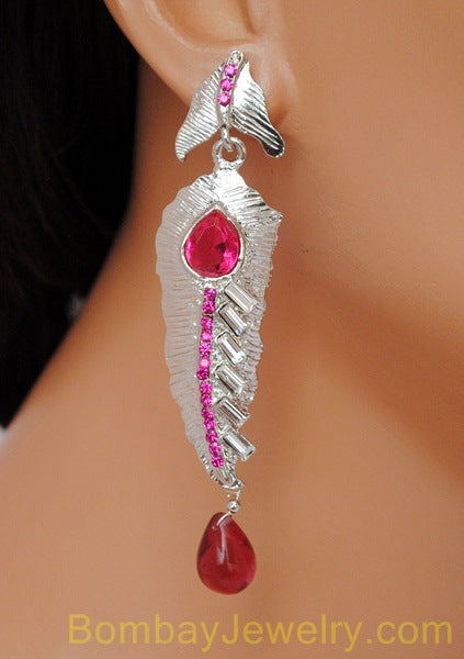 silverplated leaf style fusicha pink diamond earring