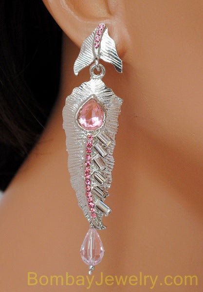 silverplated leaf style pink diamond earring
