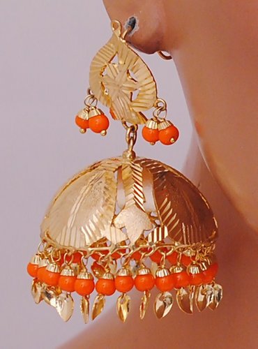 Goldpolish orange jhumi earring-2273