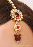 GOLDPLATED MARRON AND WHITE KUNDAN EARRING WITH TIKKA