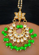 Goldpolish neon green and white kundan earring with tikka-1210