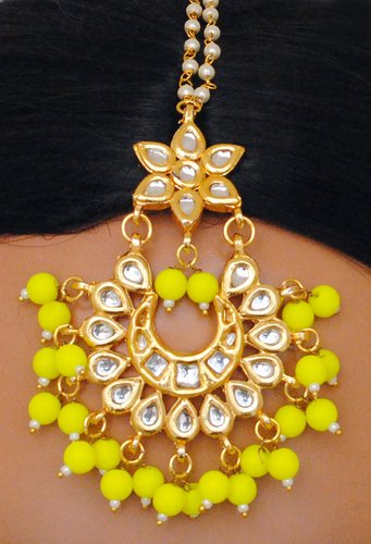 Goldpolish lemon yellow and white kundan earring with tikka-1212