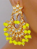 Goldpolish lemon yellow and white kundan earring with tikka-1212