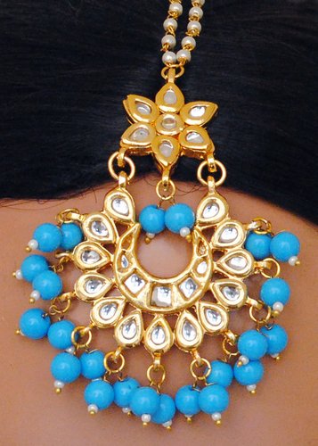 Goldpolish aqua blue and white kundan earring with tikka-1213