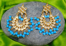 Goldpolish aqua blue and white kundan earring with tikka-1213