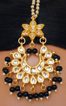 Goldpolish black and white kundan earring with tikka-1215