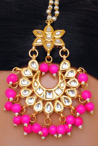 Goldpolish fuicha pink and white kundan earring with tikka-1219