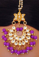 Goldpolish purple and white kundan earring with tikka-1221