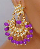 Goldpolish purple and white kundan earring with tikka-1221