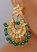 Goldpolish emrald green and white kundan earring with tikka-1222
