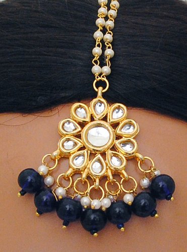 Goldpolish  dark blue and white kundan earring with tikka-1236