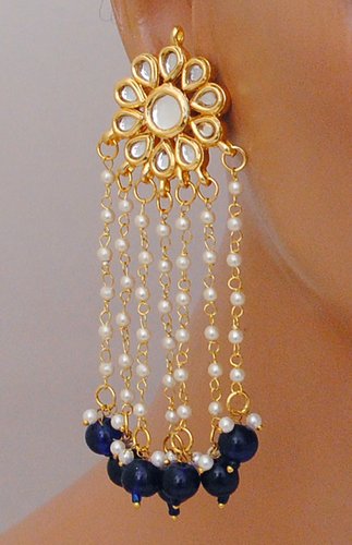 Goldpolish  dark blue and white kundan earring with tikka-1236
