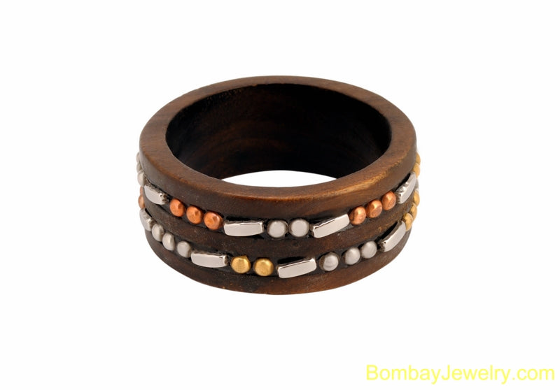 wood bangle with copper and silver studded