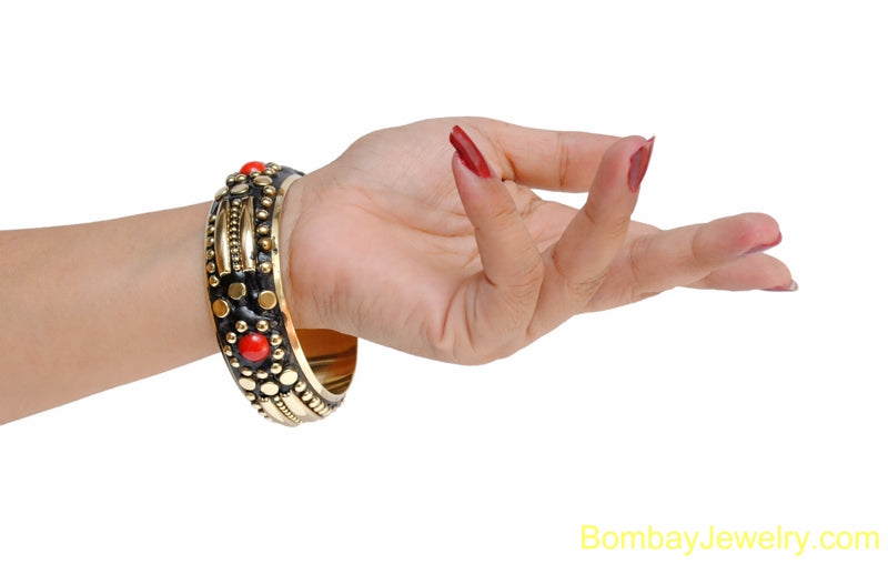 BLACK FASHION BANGLE WITH RED AND GOLDEN STUDDED-LARGE