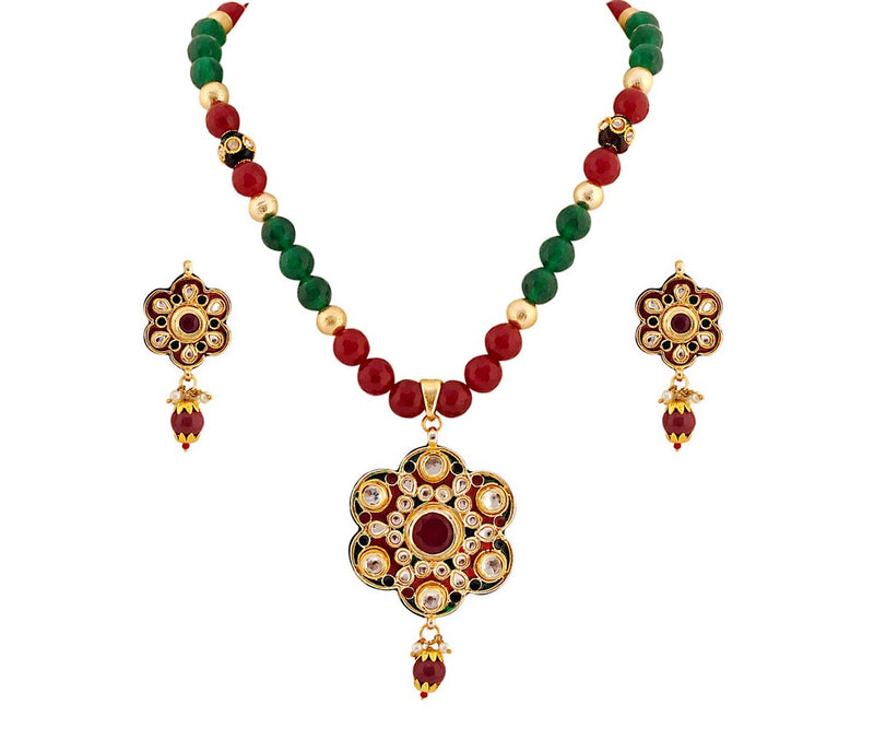 Goldpolish maroon, green and white kundan pendent set-3455