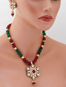 Goldpolish maroon, green and white kundan pendent set-3455