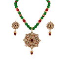 Goldpolish maroon, green and white kundan pendent set-1373