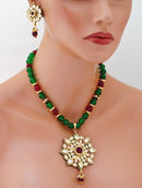 Goldpolish maroon, green and white kundan pendent set-1373