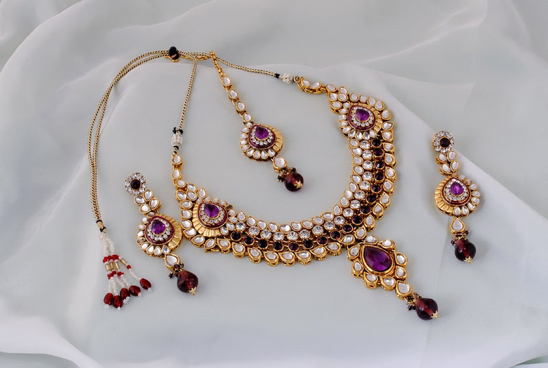 Goldpolish purple and white kundan set-146