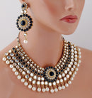 Goldpolish black  white kundan set with tikka-176