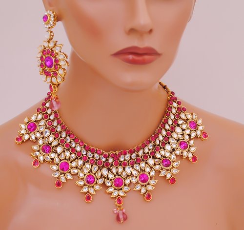 Goldpolish fusicha pink and white kundan set-2033