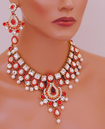 Goldpolish red and white kundan set-2029