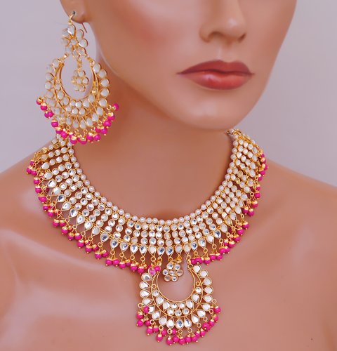 Goldpolish fusicha pink and white kundan set-2065