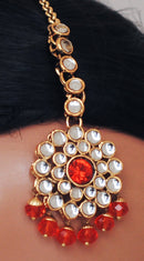 Goldpolish orange  and white kundan set-2107