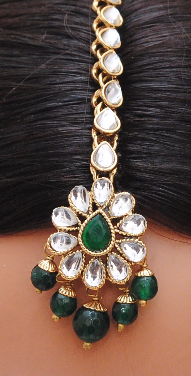 Goldpolish emerald green and white kundan set-2158