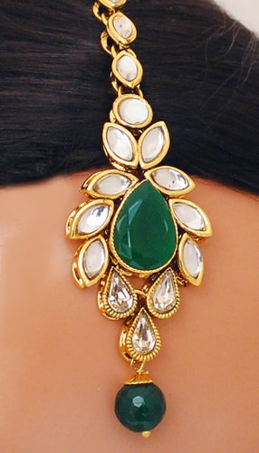 Goldpolish emarald green and white kundan set-2166