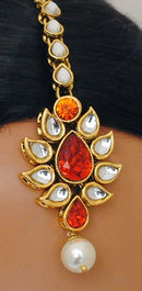 Goldpolish Orange and white kundan set-2174