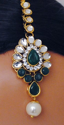 Goldpolish emerald green and white kundan set-2179