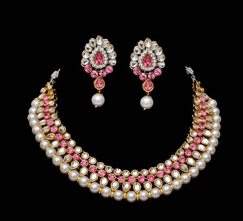 Goldpolish pink and white kundan set-2184