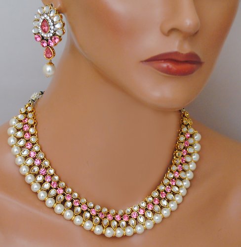 Goldpolish pink and white kundan set-2184