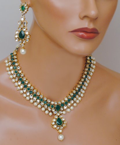 Goldpolish emerald green and white kundan set-2190