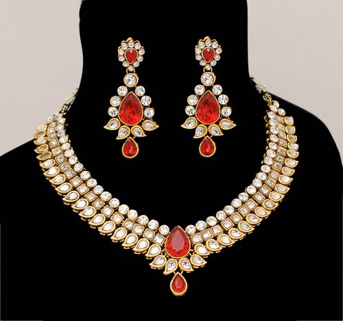 Goldpolish red and white kundan set-2236