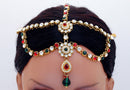 GOLDPOLISH MARRON, GREEN AND WHITE KUNDAN HEAD PIECE TIKKA