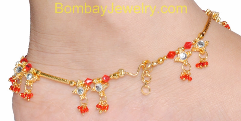 Golden kundan Anklets With Red Beads