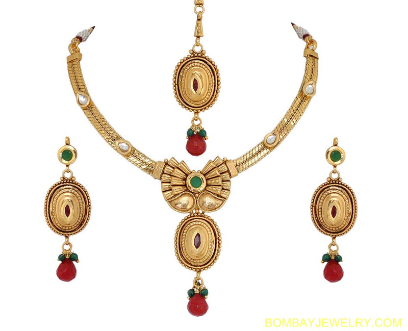goldplated deep red, green and white polki set with tikka