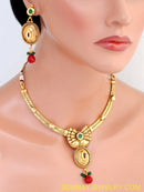 goldplated deep red, green and white polki set with tikka
