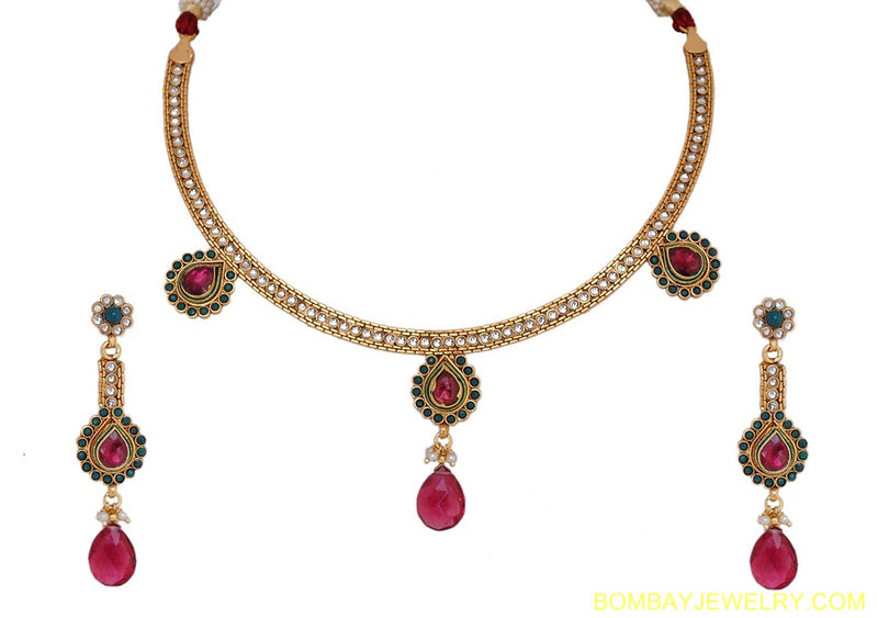 goldplated ruby pink and white polki set