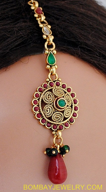 goldplated maroon, green and white polki set