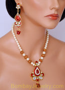 goldplated red and white pearl pendent set