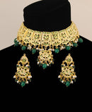 Goldpolish emeral green and white pearl choker set-1317