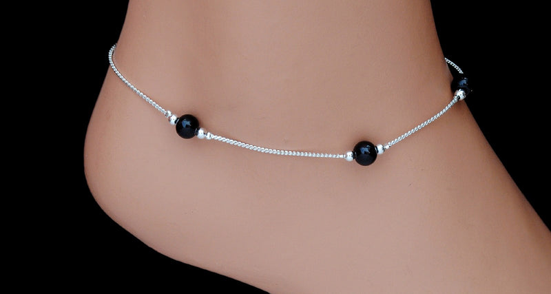 Silverpolish black beads anklet-125