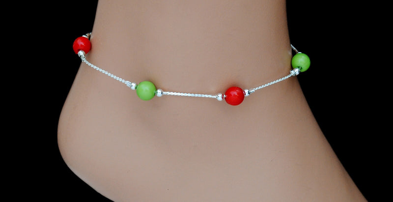 Silverpolish red , green anklet-126