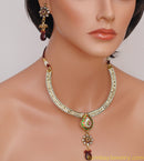 BEAUTIFUL MARRON GREEN AND WHITE DEGINER POLKI SET WITH TIKKA