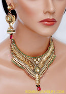 goldplated marron, green and white polki set with tikka