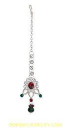 SILVERPLATED MAROON, GREEN AND WHITE KUNDAN TIKKA